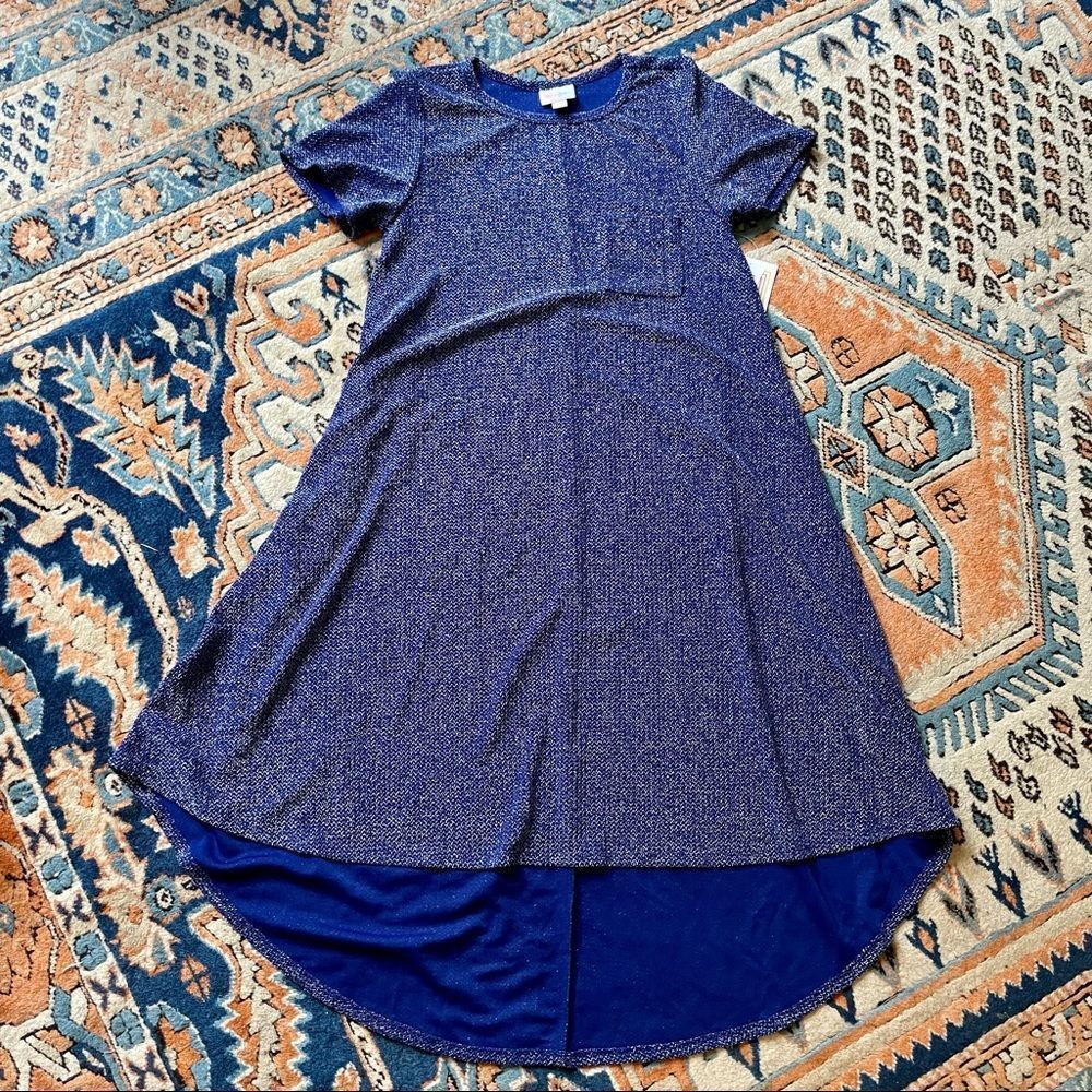 LuLaRoe Elegant Carly Blue Glitter Pocket T High Low Dress